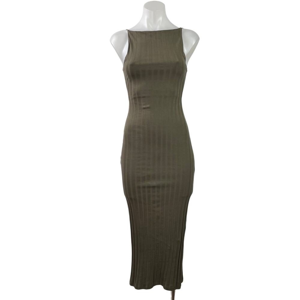 Zara Olive Green Ribbed Knit High Neck Sleeveless Mid Bodycon Dress Size S